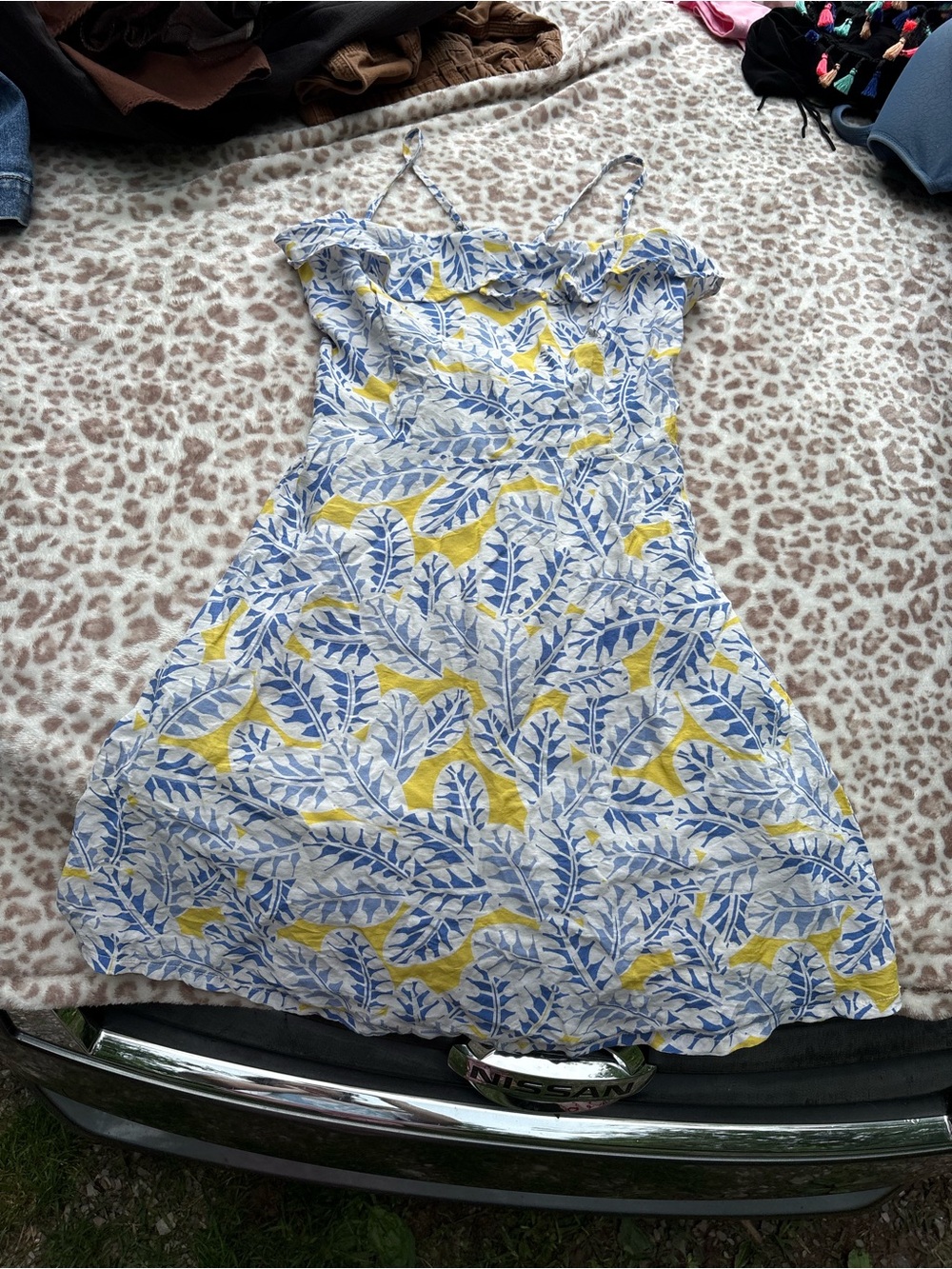 Lush Blue and Yellow Garden Party Leaf Print Sundress Size Small